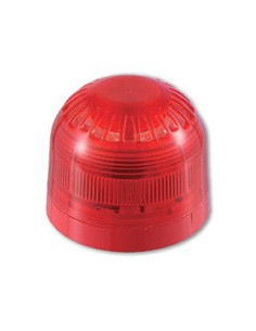 Sirena de interior roja IP21. 32 tonos. CERTIFICADA 94-106 dB. 24Vcc / 4-41 mA. Con lanzadestellos. Dimensiones: Ø100 x 81 mm. 