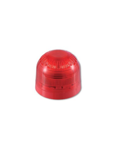 Sirena de interior roja IP21. 32 tonos. CERTIFICADA 94-106 dB. 24Vcc / 4-41 mA. Con lanzadestellos. Dimensiones: Ø100 x 81 mm. 